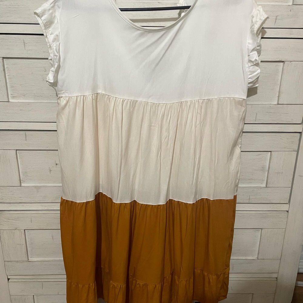 White and Brown Ruffle Sleeve Dress